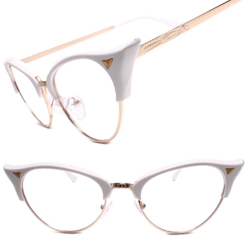 Classy Elegant Retro Cat Eye Style Clear Lens Eye Glasses Gold & White Frame - Picture 1 of 4